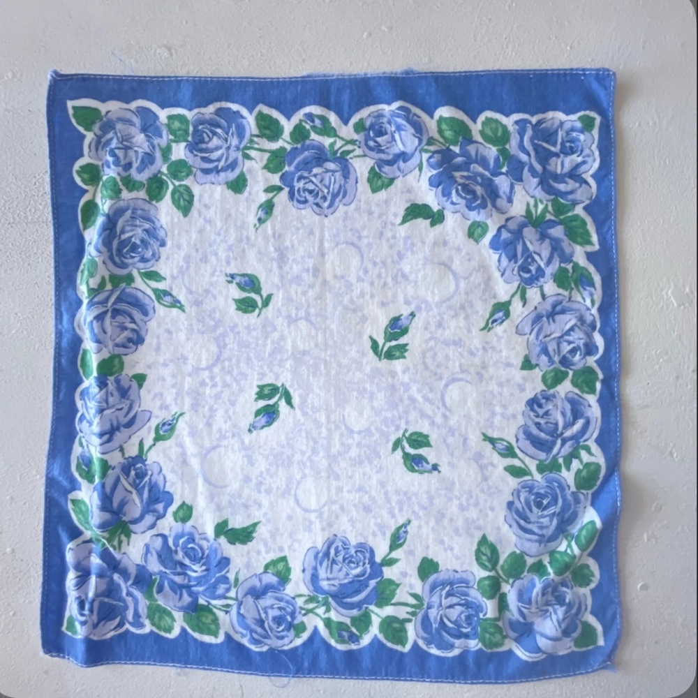 Floral Blue and Green Vintage Handkerchief